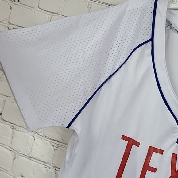 Men's Large Majestic Texas Rangers White Baseball Jersey MLB Logo Tee Mesh Trim - Picture 5 of 7